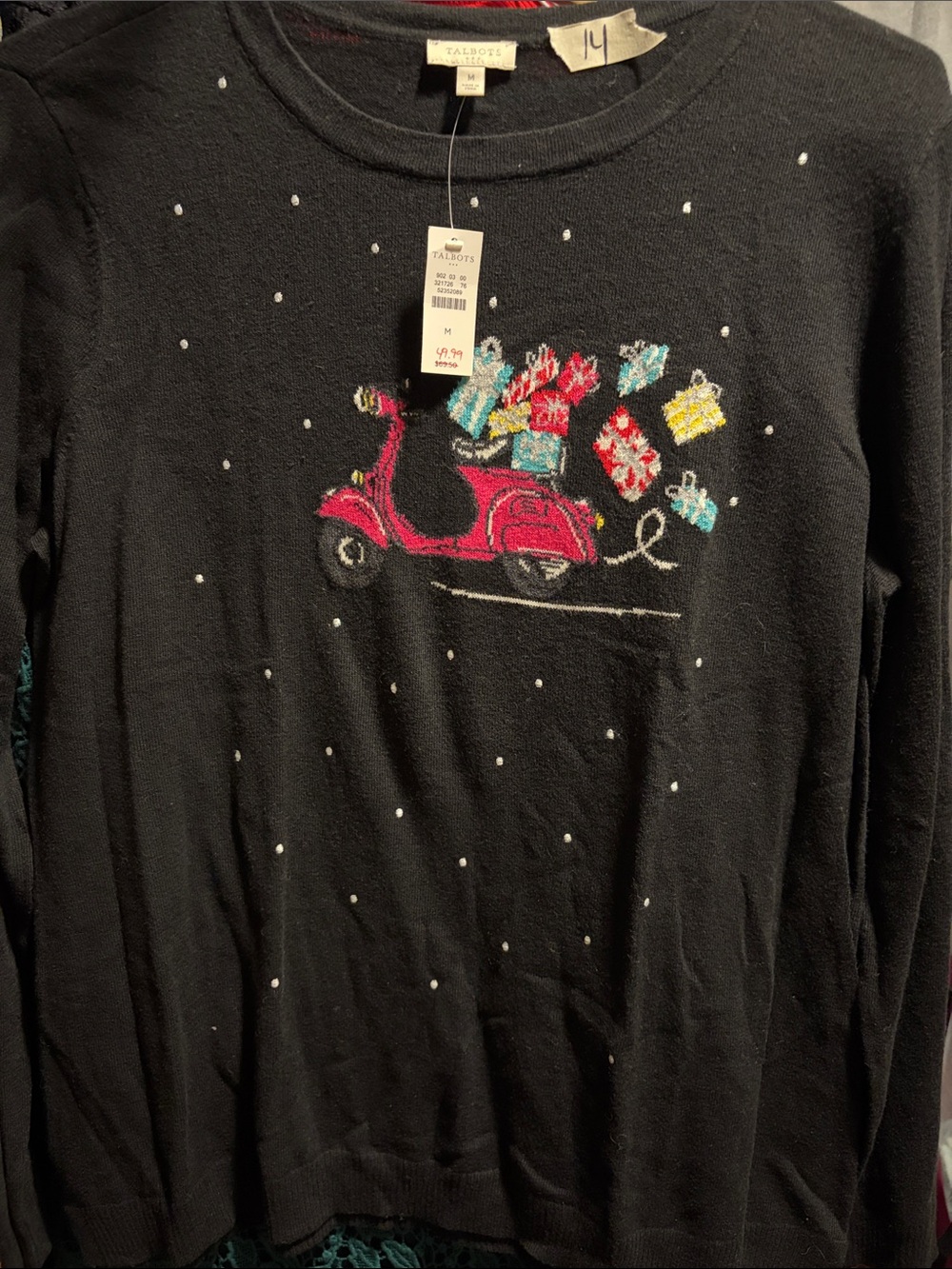 Talbots Black Scooter & Gifts Embroidered Crewneck Sweater